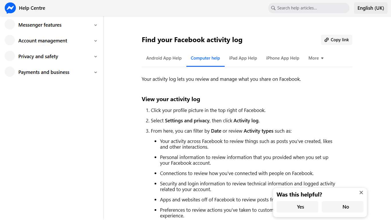 Find your Facebook activity log Messenger Help Centre