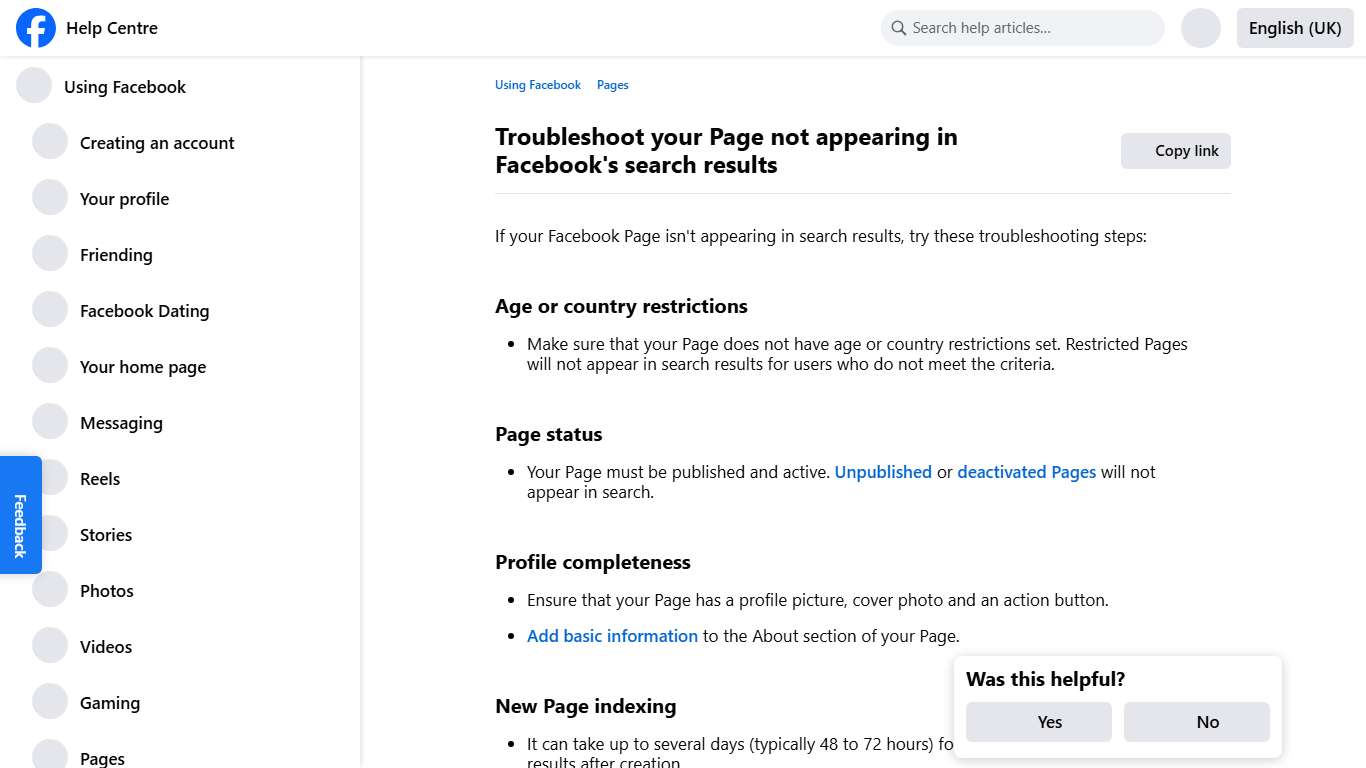 Troubleshoot your Page not appearing in Facebook's search results Facebook Help Centre
